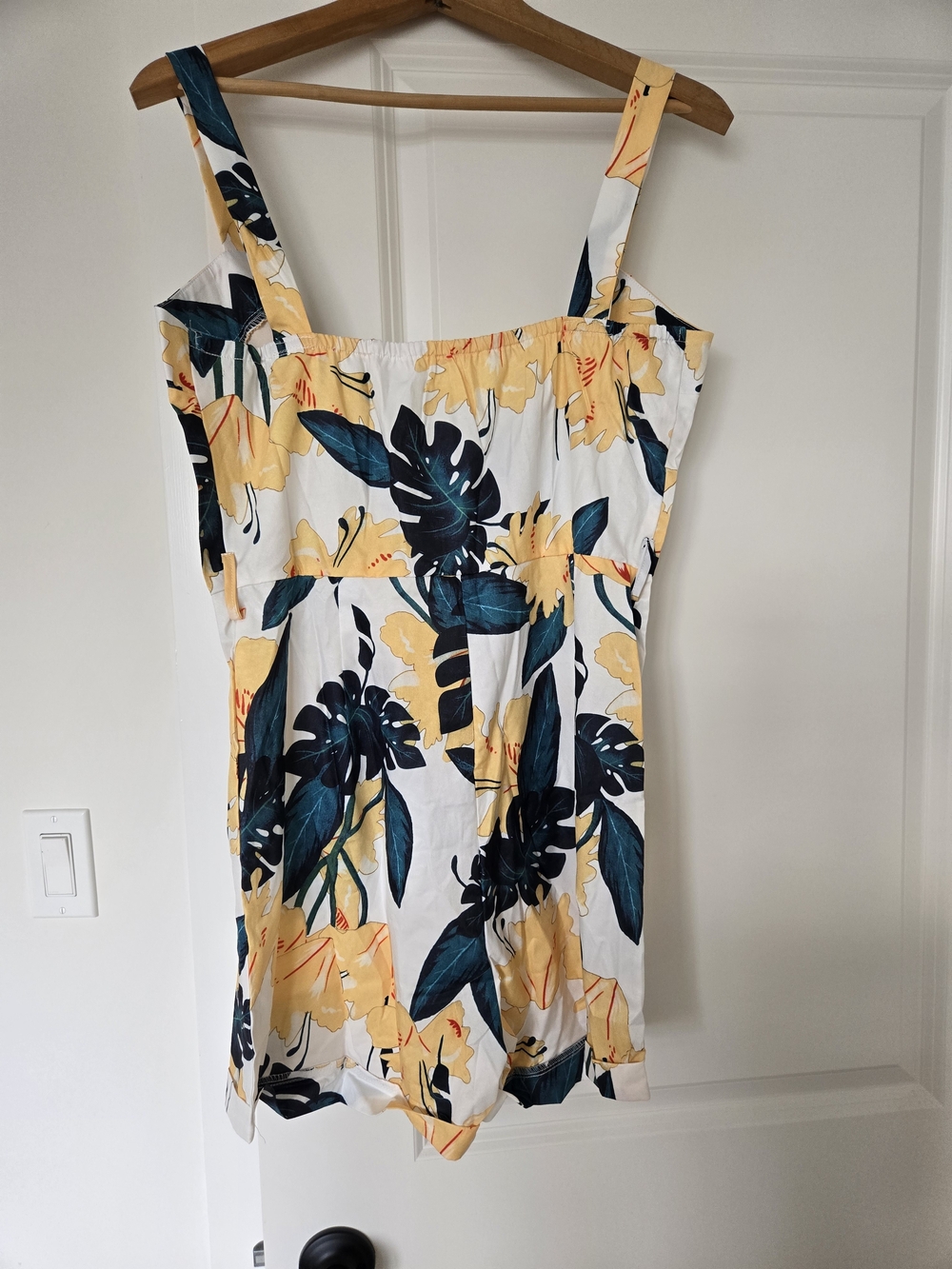 White Floral Romper with Yellow & Teal Leaf Print